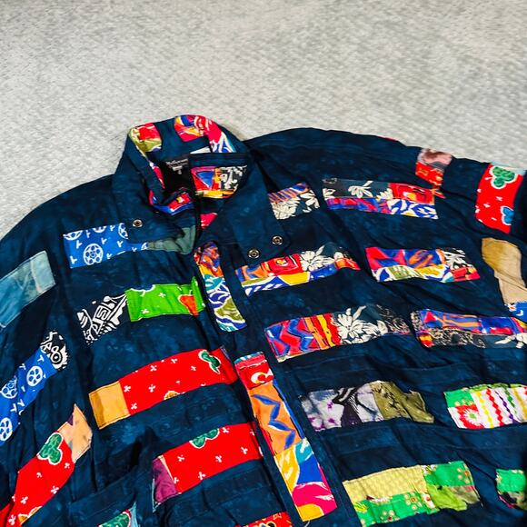 Nativewear Designs Patchwork Quilted Navy Colorful Bomber Jacket L - Picture 4 of 9
